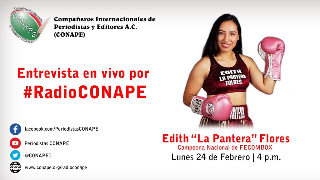 PrensaCONAPE's tweet photo. Este #lunes nos acompañará en #RadioCONAPE la boxeadora Edith 'La Pantera' Flores, Campeona Nacional de #FECOMBOX.
Súmate al programa, prepara tus preguntas y compártelas durante nuestra transmisión.
https://t.co/op2mj1803o
#Box #Boxeo #CONAPE #CONAPEInternacional https://t.co/zwrt901UaB