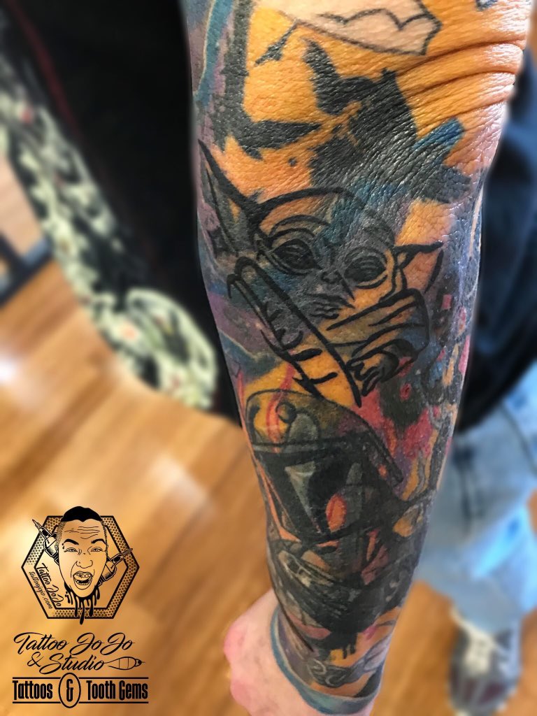 Tattoo JoJo & Studio on X: "Added cute lil Yoda to this blast-over sleeve! #tattoojojo #tattoojojoandstudio #tattooartist #tattooist #tattooer #tattoostudio #tattooshop #art #yoda #yodatattoo #blastover #blastovertattoo #coverup #starwars https://t.co ...