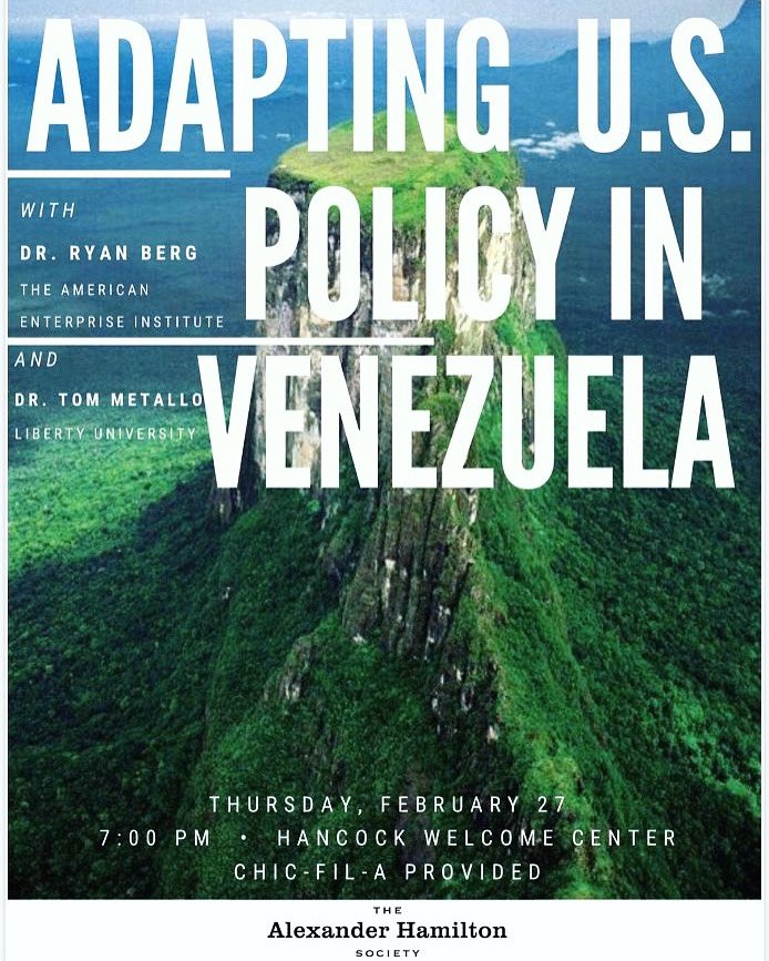 AHSLiberty's tweet photo. We have an amazing event coming up where we'll discuss U.S. Policy in Venezuela and get to hear from Dr. Ryan Berg from AEI, and our very own Dr. Metallo. Join us this Thursday! 

Feb. 27 | Hancock Welcome Center | 7pm https://t.co/MbKYr9wxQQ