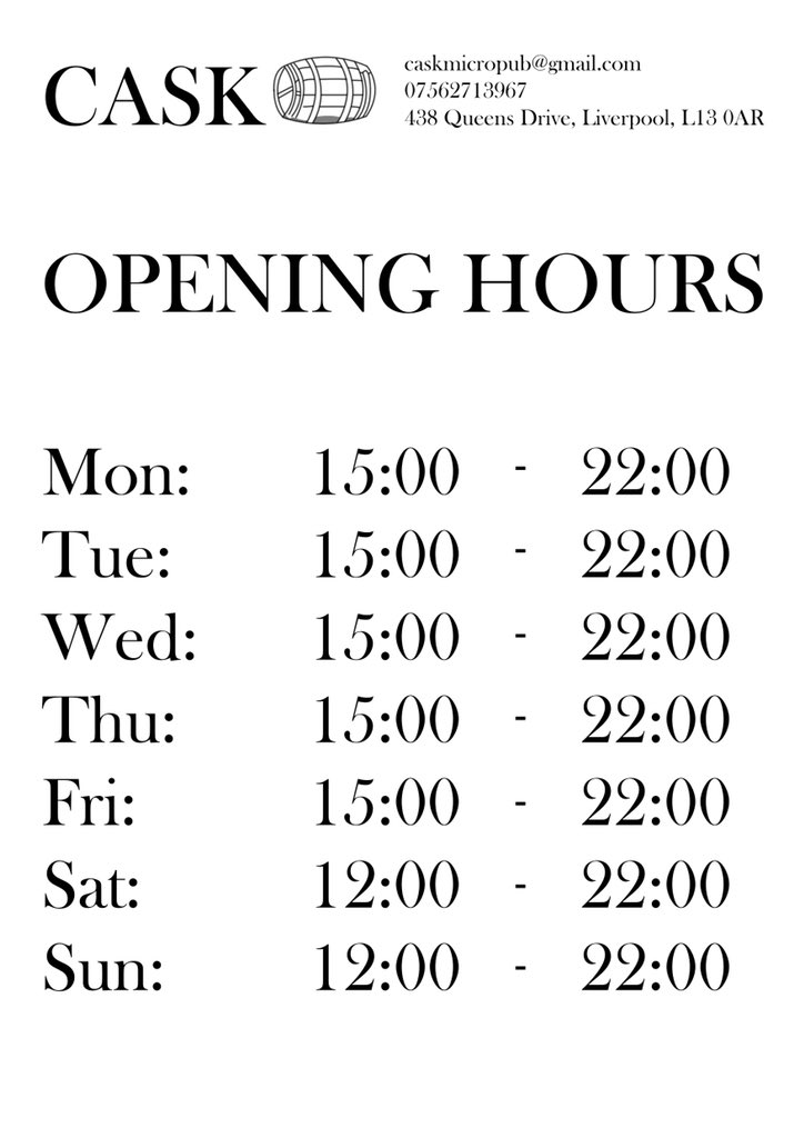 LiverpoolCask's tweet photo. Don’t forget our new opening hours folks!! https://t.co/aCFACelebL