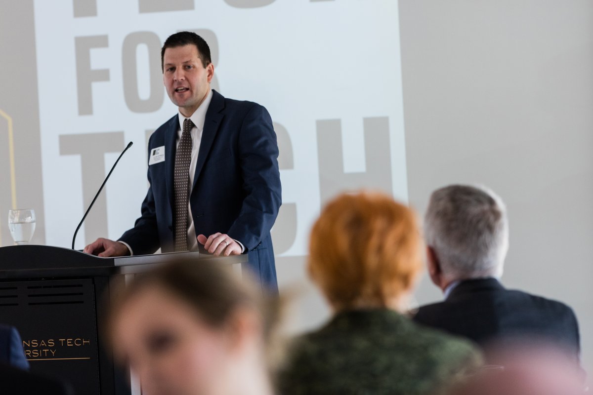 SamStrasner's tweet photo. Congratulations to @GolleherA and everyone else who contributed to the #TechforTech event today @ArkansasTech. Great conversation about the future workforce needs in our state and how higher ed must be responsive. Here's a recap: https://t.co/3rQTL7baMK. (Photo: @liz_chrisman) https://t.co/VXjYzkPmsp