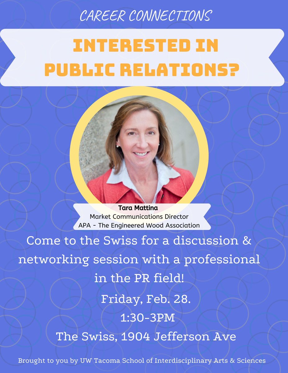 UWTInvolvement's tweet photo. Interested in Public Relations? Join us at The Swiss on 2/28 from 1:30-3pm for a presentation from Tara Mattina, a Public Relations professional with over 25 years of experience in strategic communications, public involvement, and media relations! https://t.co/0myccOYhfN