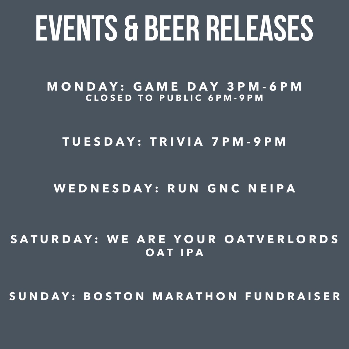 stellwagenbeer's tweet photo. This weeks events and beer releases!
Please note, we will be closing to the public tonight at 6pm for a private event.
#southshorebeer #stellwagenbeer #marshfieldma #newengland #newenglandipa #neipa #microbrewery #craftbeer #oatipa #hazyipa #juicyipa #hoppyipa https://t.co/y1bNn4o5YW