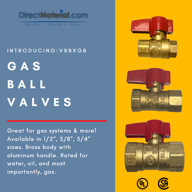 DirectMaterial's tweet photo. Introducing our NEW DuraChoice VBBXGB gas ball valve. This valve is perfect for gas systems with a durable, compact design. Now available in 1/2", 3/8", and 3/4'" sizes! Call us or visit us at https://t.co/WD4b0NABzD for more information! https://t.co/ZgSbblhD2A