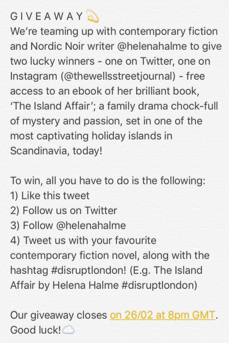 WellsStJournal's tweet photo. #GIVEAWAY!
We're teaming up with contemporary fiction and #NordicNoir writer @HelenaHalme to give away an #ebook of her brilliant book, #TheIslandAffair!
#Writing #WritingCommnunity #Books #Book #Journal #Competition #Prize #Win #Nordic #Romance #HelenaHalme #DisruptLondon https://t.co/rbZxWTQdpM