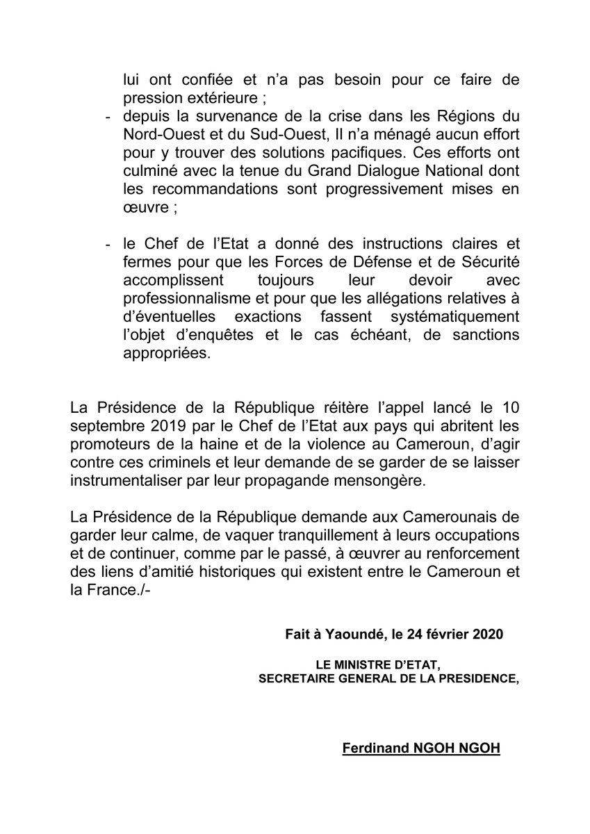 Cabinet Civil Prc On Twitter Communique La Presidence De La Republique Du Cameroun Exprime Sa Profonde Preoccupation Au Sujet Du Contenu De L Echange Abondamment Relaye Dans Les Reseaux Sociaux Entre Le
