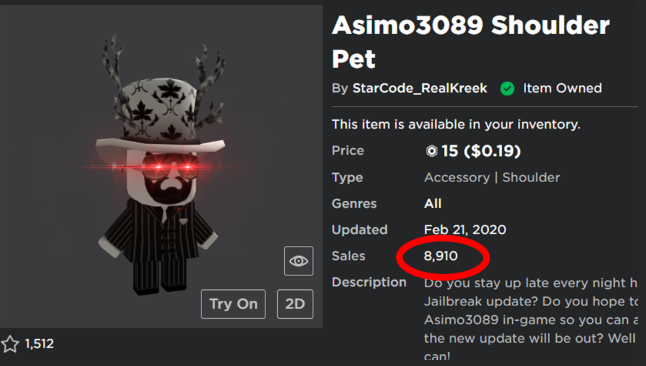 Kreekcraft On Twitter The Asimo3089 Shoulder Pet Is 1 000 Sales