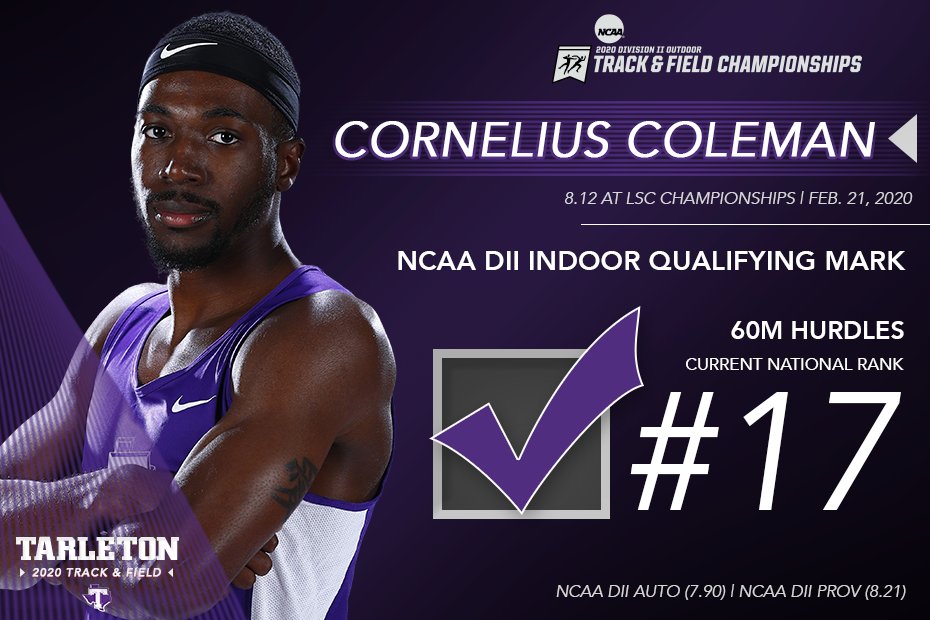 TarletonSports's tweet photo. 7⃣Texans hit NCAA provisional marks at the LSC Indoor Championships last weekend 😈

Brown / 400m
Stone, Brown, McKissick, Troutman / 4x400m
Coleman / 60m Hurdles
Palmer / Long jump
Ponder / 400m
Palmer / High jump
McQuirter / 60m

Qualifying List: https://t.co/9s8wGCVF7h https://t.co/3OBAa4vF1Y
