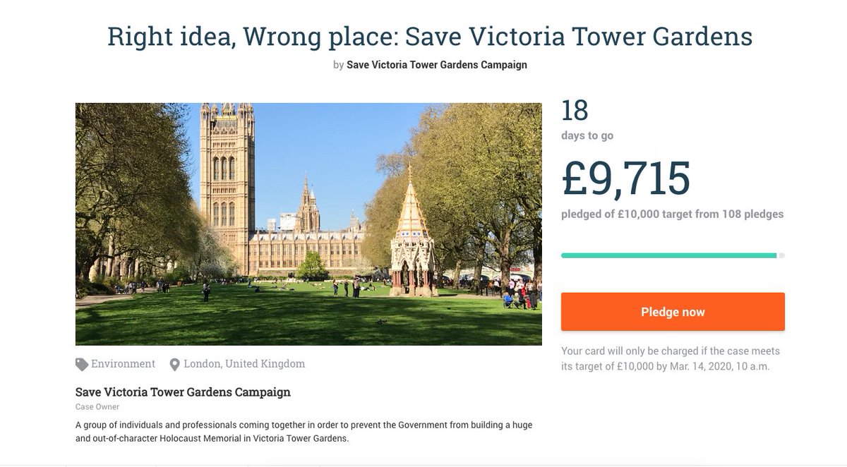 Incredible what can be achieved via CrowdJustice - the miracles of social media!   We are now really on our way to taking on the Government!  Thank you for supporting us so generously

https://www.crowdjustice.comhttps://www.crowdjustice.com/case/save-victoria-tower-gardens/