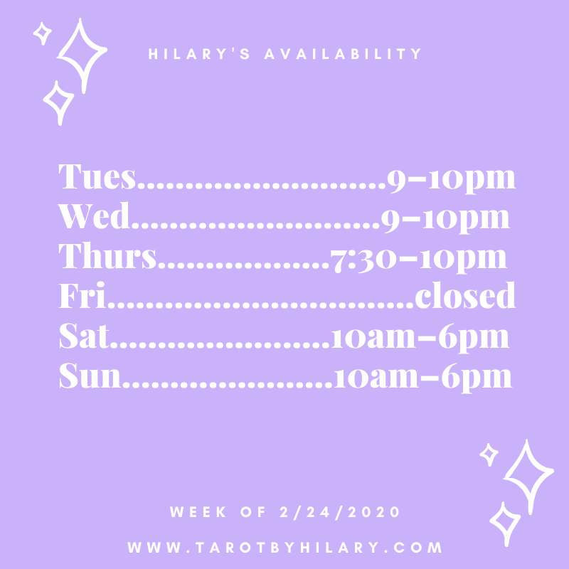 tarotbyhilary's tweet photo. My appointment availability for this week ... nab your appointment now while the getting's good! Email readings also available. #tarotbyhilary #tarotbiz #getareading https://t.co/zh0923f2oq