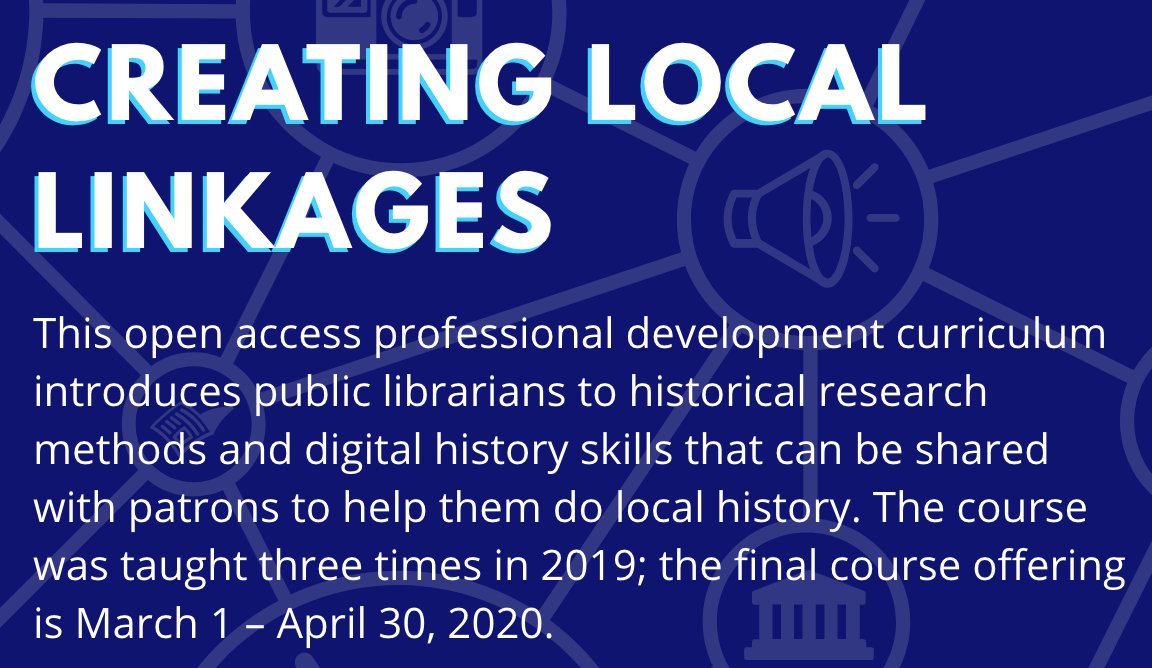 LocalLinkages's tweet image. We're only one week away from our fourth and final #LocalLinkages course cycle! Do you work in #PublicLibraries and want a free online professional development opportunity to develop #DigHist and #LocalHistory skills? 

Register and learn more: locallinkages.org/interest/