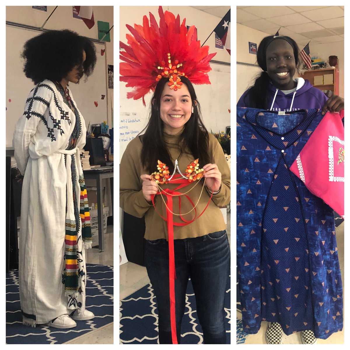 MintzySHS's tweet photo. Literary Culture presentation day! This is always a fun day and we learn so much from each other. Here are students representing Ethiopia, Brazil, and Egypt! #SHSAPLit 🔥 https://t.co/1XKJxnC9q7