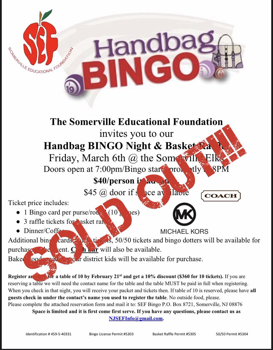 Thank you everybody! So happy to announce that tickets are Sold out for Handbag Bingo! We cannot wait for this fun night!  <a href="/VDVPreschool/">VDV Preschool</a> <a href="/VDVpal/">Rob Reavey</a> <a href="/principal_sms/">Anthony Benjamin</a> <a href="/GFoleySHS/">Gerard Foley</a>