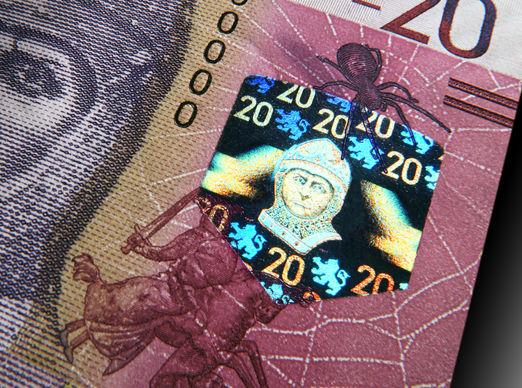 DeLaRuePlc's tweet photo. There are two new polymer 20 banknotes being released in the same country on the 27th February, both replacing the previous paper notes. The spider and Robert the Bruce themes on this current note are carried over to the new 20. Can you #NameThisBanknote ? https://t.co/mFm02q9h4V