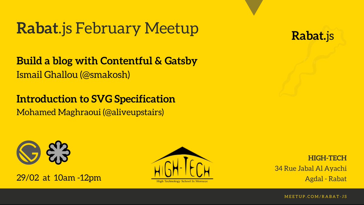 RabatJS's tweet image. New Rabat.js event announcement! 🎉

Talks ✌️
Title: Build a blog with Contentful &amp;amp; Gatsby
Speaker: Ismail Ghallou (@smakosh)

Title: SVG Spec.
Speaker: Mohamed Maghraoui (@aliveupstairs)

Book your seat (free event) 👇
meetup.com/Rabat-js/event…