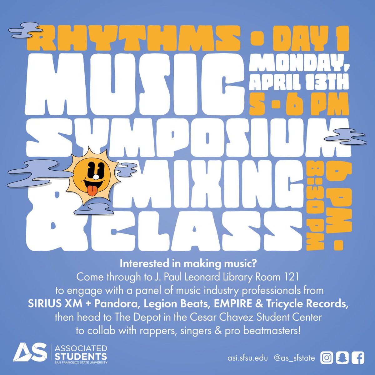 Looking to learn about the ins and outs of the music industry? Want to brush up on your mixing knowledge? Well then come join us and learn from the professionals at our MUSIC SYMPOSIUM on April 13th, part of the first day of our week-long, 10th Annual Rhythms Music Festival!