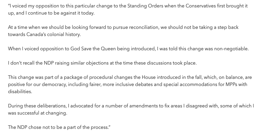 OntarioGreens's tweet photo. @AndreaHorwath Mike Schreiner voiced opposition to this change to the standing orders from the outset and remains opposed to it today. Statement below. https://t.co/EdyNM3hkO7