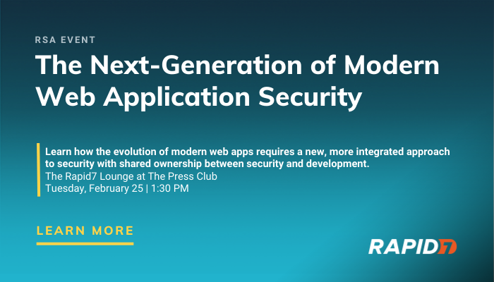 rapid7's tweet photo. The evolution of modern web apps requires a new, more integrated approach to security, with shared ownership between #security and development. Join us in The Press Club tomorrow at 1:30PM to hear about the next generation of modern web app security. #RSAC https://t.co/kuypdKuWZx https://t.co/ShBGin0TsZ