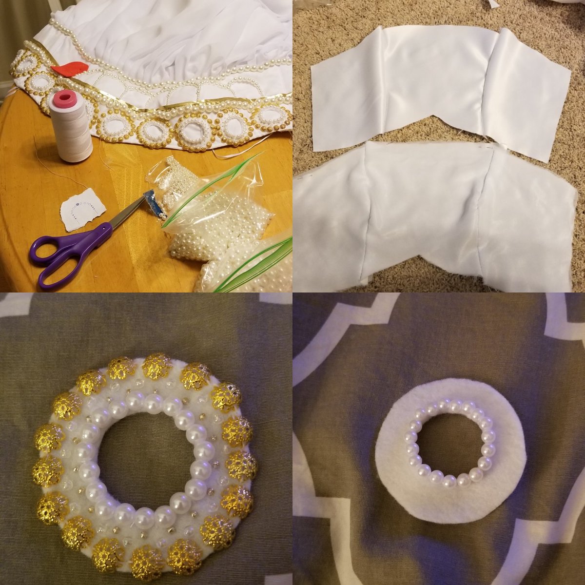 CskimCosplay's tweet photo. Here are some #wip photos of the Neo Queen Serenity dress. It was days and days of beading, my poor hands! The dress was made of Casa satin with a chiffon overlay. Big shout-out to my mom for helping pin the hem to accommodate my baby bump!

#cosplay #beadwork #SailorMoon #sew https://t.co/HbfaeooeKS