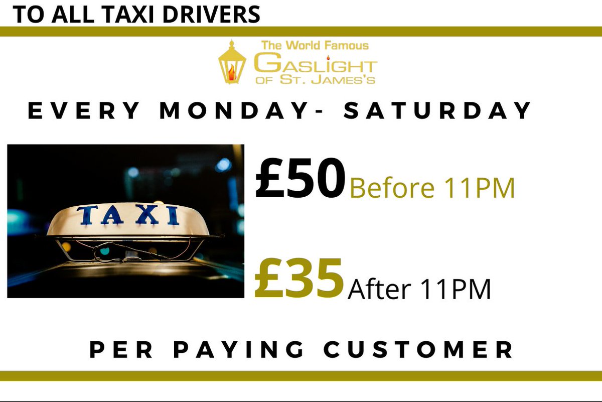 GaslightTaxi's tweet photo. We are ready to party tonight! Are your customers? Why not drop them off at ours for a little extra cash #londoncabbies #gaslight #taxi 🚕 https://t.co/tWlP1SjNT4