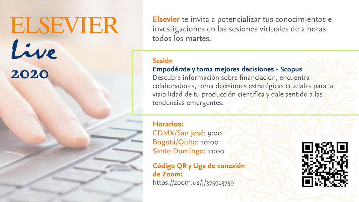 Te invitamos a registrarte a la siguiente sesión virtual de #ElsevierLive2020 , el próximo martes 25 de Febrero! 
Liga de registro: lnkd.in/gk_M8Uh