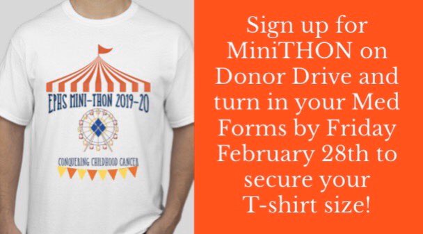 EPHSminithon's tweet photo. This Friday❗️Sign up for donor drive online and then in your medical forms to an administration committee member or a miniTHON committee member at the tournament sign up table at both lunches. https://t.co/wQESySNce6