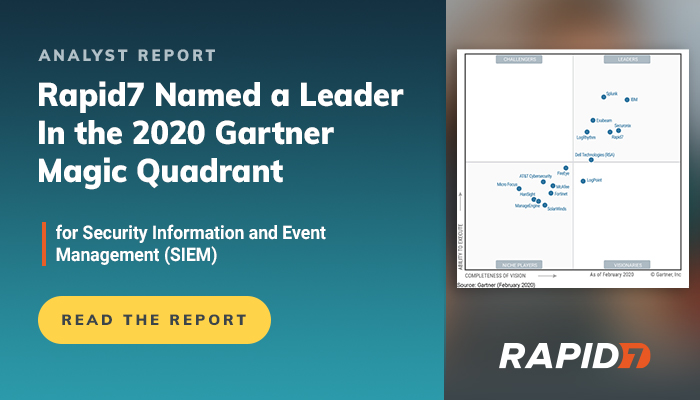 rapid7's tweet photo. Rapid7 was named a Gartner Magic Quadrant Leader for Security Information and Event Management (#SIEM). Get the report and find out why for free.
 https://t.co/gCWU6c34Kw https://t.co/UfCnEI99rn