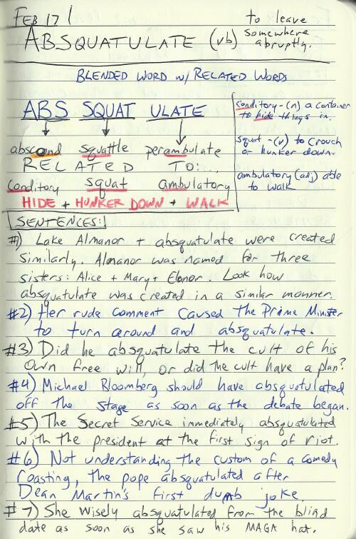 WritingFix's tweet image. My favorite new-to-me #vocabulary word from last week's set of words.  #AlwaysWrite #absquatulate

You can follow along as I create my own new-word-a-day calendar and #writersnotebook throughout 2020: pinterest.com/corbettharriso…