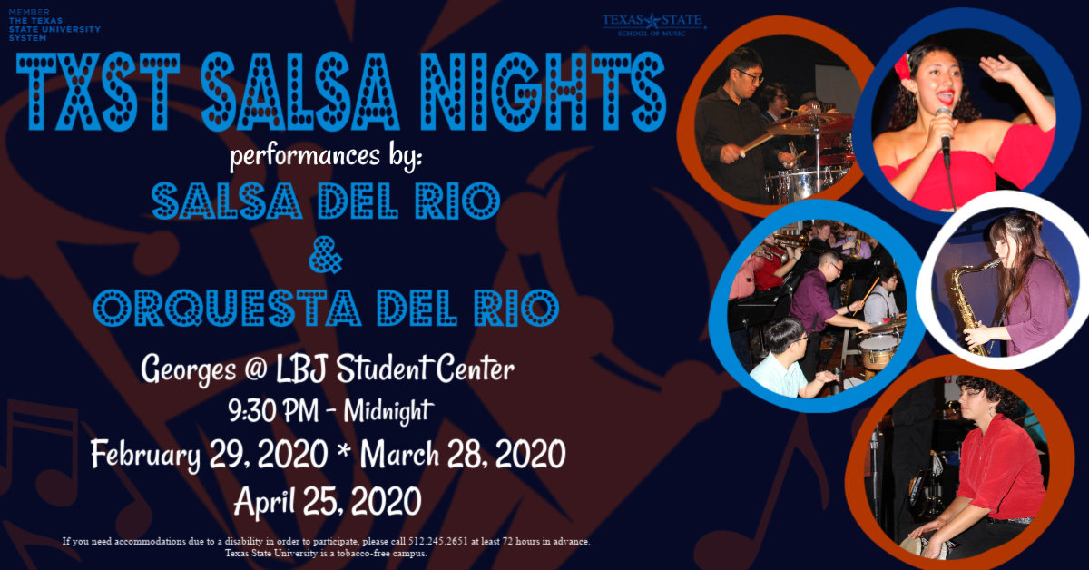 GeorgesTXST's tweet photo. Salsa Night is back baby! Join us Saturday, February 29th to dance!  💃#txst #txst23 #txstgeorges https://t.co/BcCviTnwaC