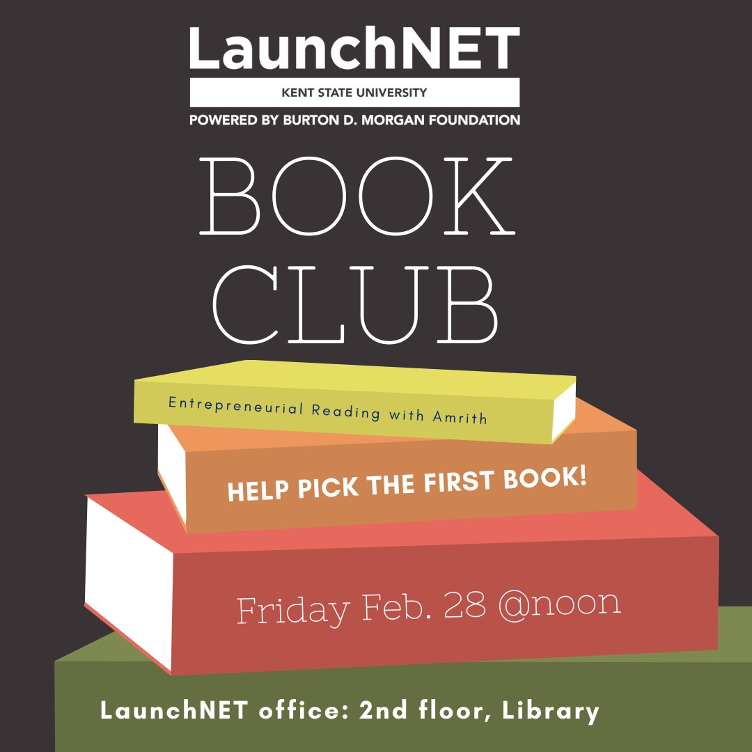 LaunchNET_KSU's tweet photo. This Friday is the very first Book Club at LaunchNET! Join us and help choose the first book we will be reading! #bookclub #LaunchNET #entrepreneurship https://t.co/pe1xCjoMSq