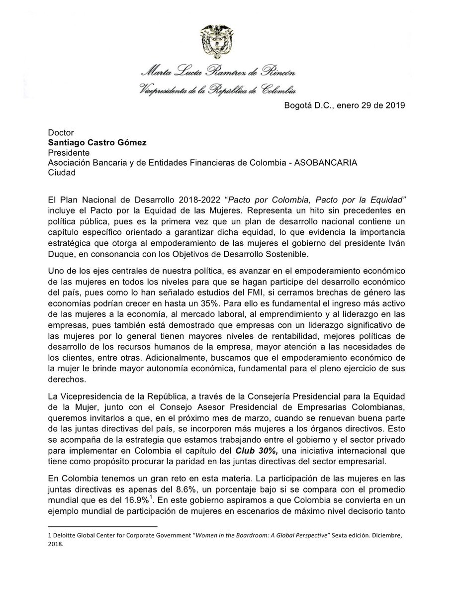 mluciaramirez's tweet photo. ¡Reiteramos este llamado al empresariado colombiano! El pasado 30 de enero enviamos una carta a 3.300 presidentes de empresas y grupos económicos del país, solicitando la llegada de más mujeres a sus juntas directivas. https://t.co/P18QLQBnGH https://t.co/VJHxJM1VG9