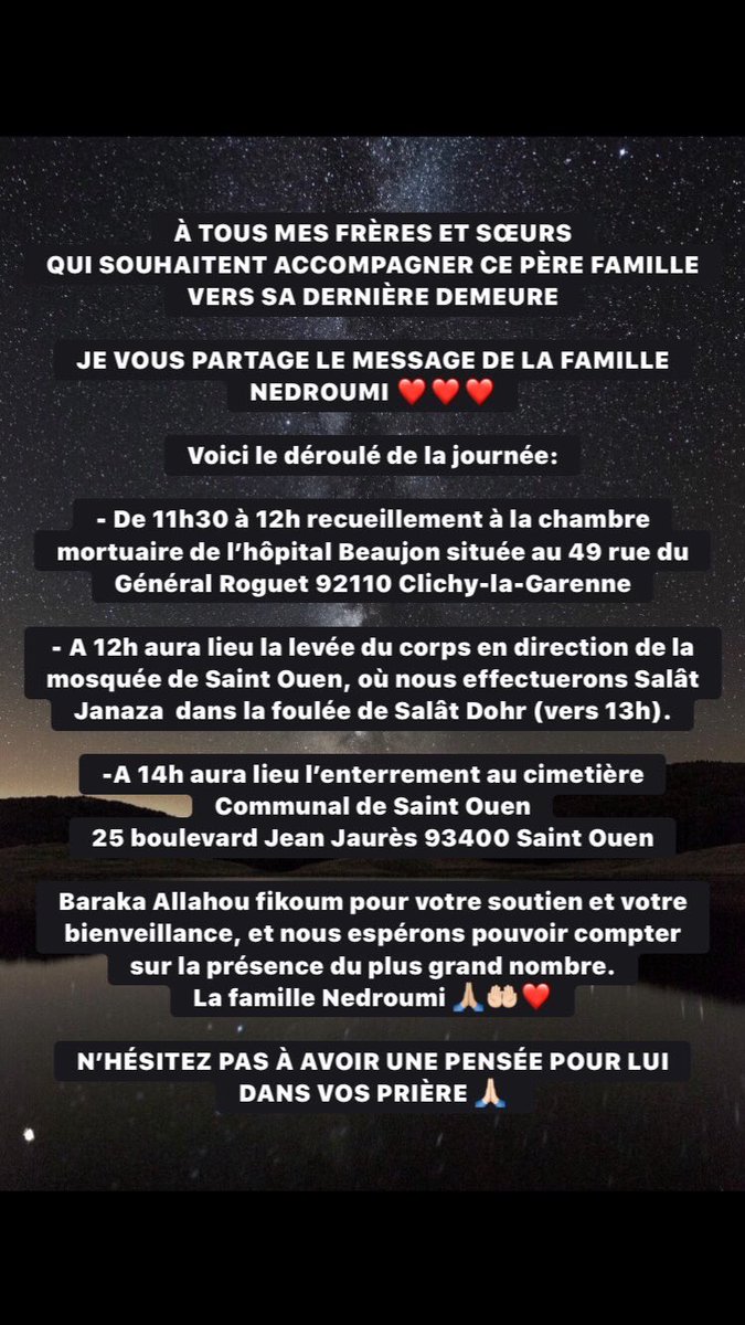 A tous mes frères et mes sœurs musulmans du 92 #ClichyLaGarenne #SaintOuen et tous les autres départements proches, Salât Al Janaza ce mardi 25 février à la mosquée de Saint Ouen 🤲🏻🤲🏻🤲🏻 #musulmans #musulmanes #salatjanaza