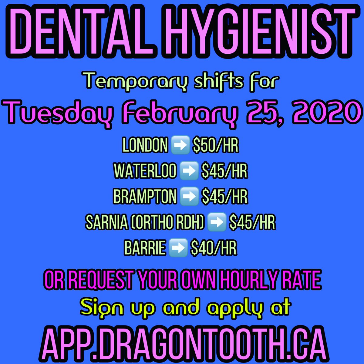 DragonToothApp's tweet image. Last minute temp shifts available for Tuesday Feb 25, 2020. Sign up (IT’S FREE) and apply. App.dragontooth.ca #dentaltemps #cdha #odha #rdh #dentalhygienist #canadiandentalteam #londonontariodentist #barriedentist #waterloodentist #bramptondentist #canadiandentistry