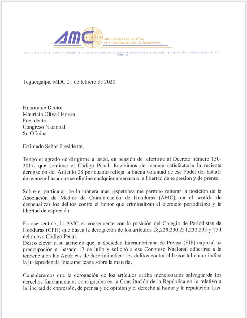 ColegioPeriodi1's tweet photo. En carta a @DrMauriciolivaH, la Asociación de Medios de Comunicación de Honduras (AMC) se manifiesta consecuente con la posición del Colegio de Periodistas que pide la derogación de artículos 28,229,230,231,232,233 y 234 del Código Penal que criminalizan la libertad de expresión. https://t.co/NK3cW4OqRp