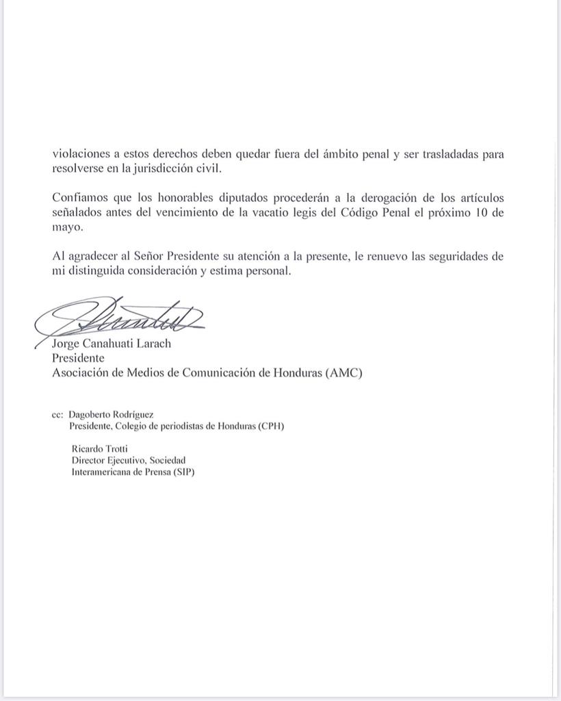 ColegioPeriodi1's tweet photo. En carta a @DrMauriciolivaH, la Asociación de Medios de Comunicación de Honduras (AMC) se manifiesta consecuente con la posición del Colegio de Periodistas que pide la derogación de artículos 28,229,230,231,232,233 y 234 del Código Penal que criminalizan la libertad de expresión. https://t.co/NK3cW4OqRp