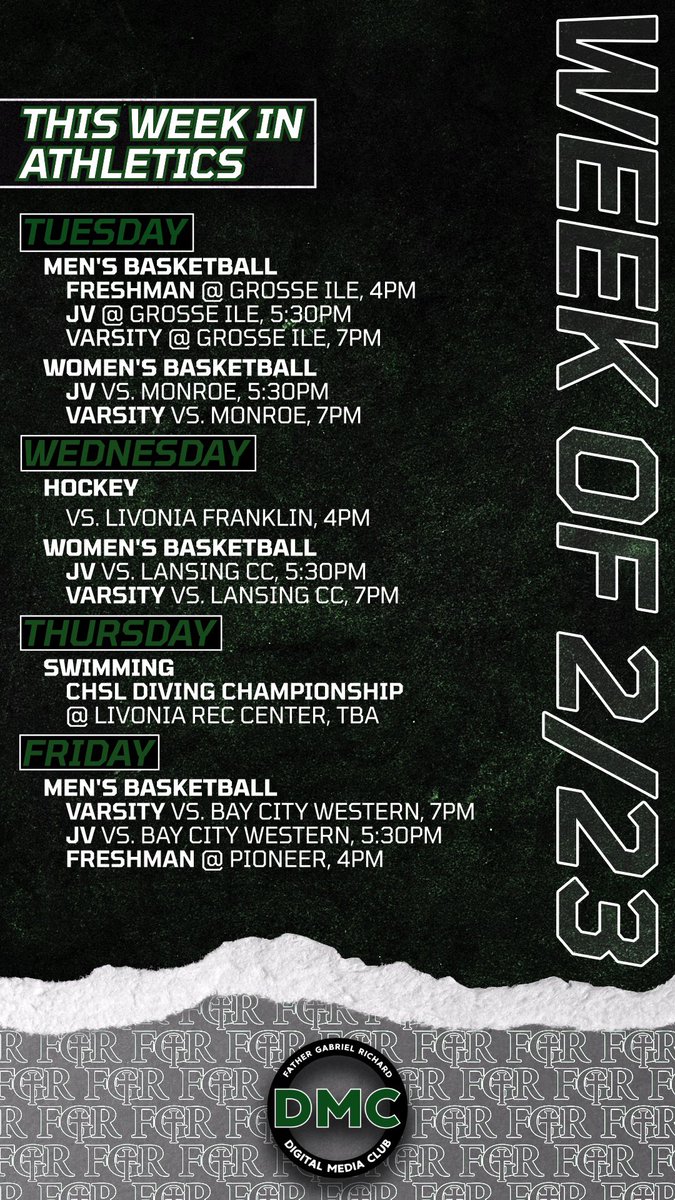fgrsection's tweet image. #BFITS - Take a look at this week’s games! Brought to you by @FgrDMC ☘️ #GoIrish #BleedGreen *fixed to include hockey on Wednesday