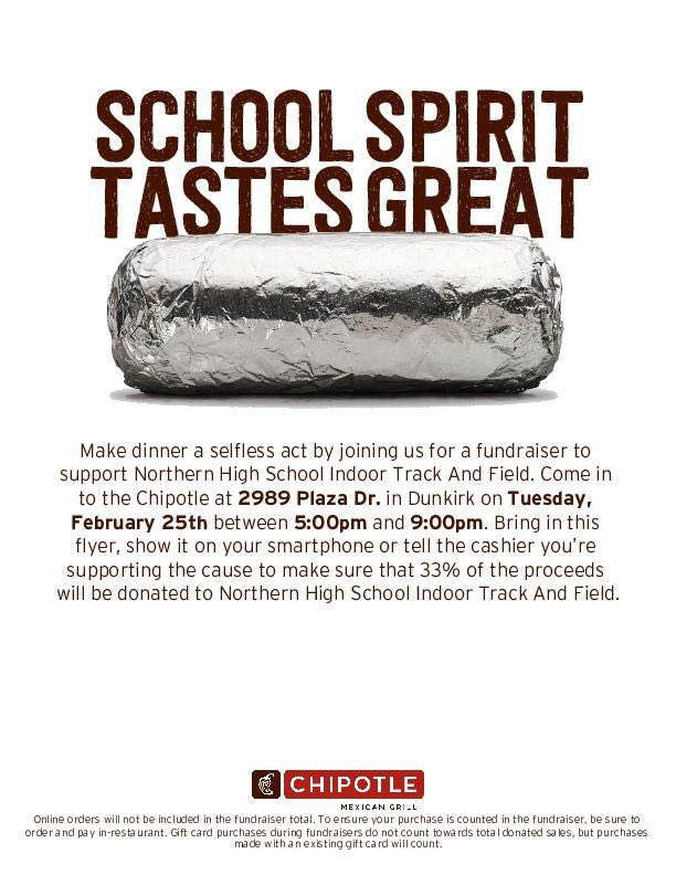 Don’t feel like cooking tomorrow night, go eat at chipotle and tell them you’re there for NHS track and field and help us raise money for our team!  <a href="/NHS_Patriots/">Northern HS Patriots</a> <a href="/NHSPatriotPress/">Patriot Press</a>