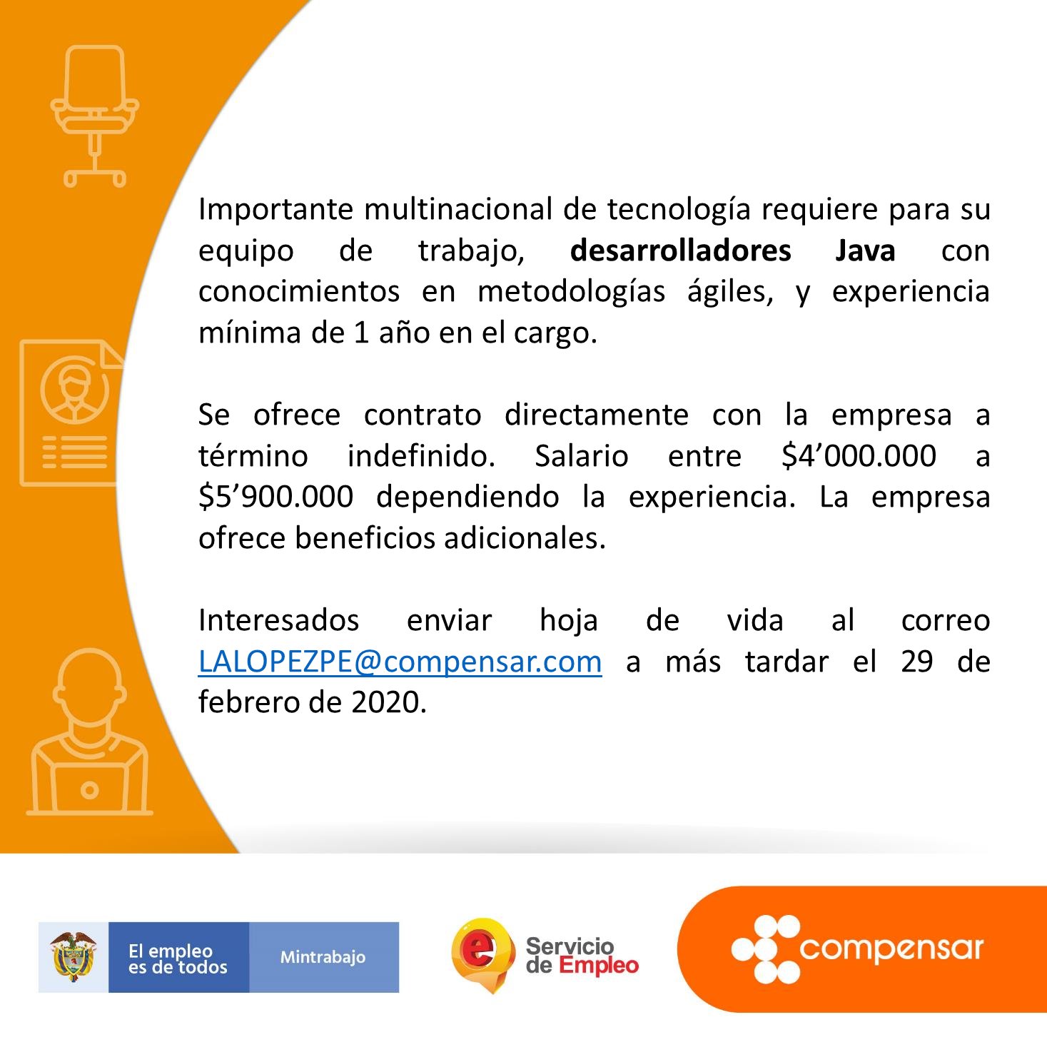 Compensar No Twitter En La Agencia De Empleo Y Emprendimiento Buscamos Desarrolladores Java Si Tienes Amig S Con Esta Experiencia Mencionalos Y Rt Serviciodempleo Sihayempleo Https T Co U2affbtxos