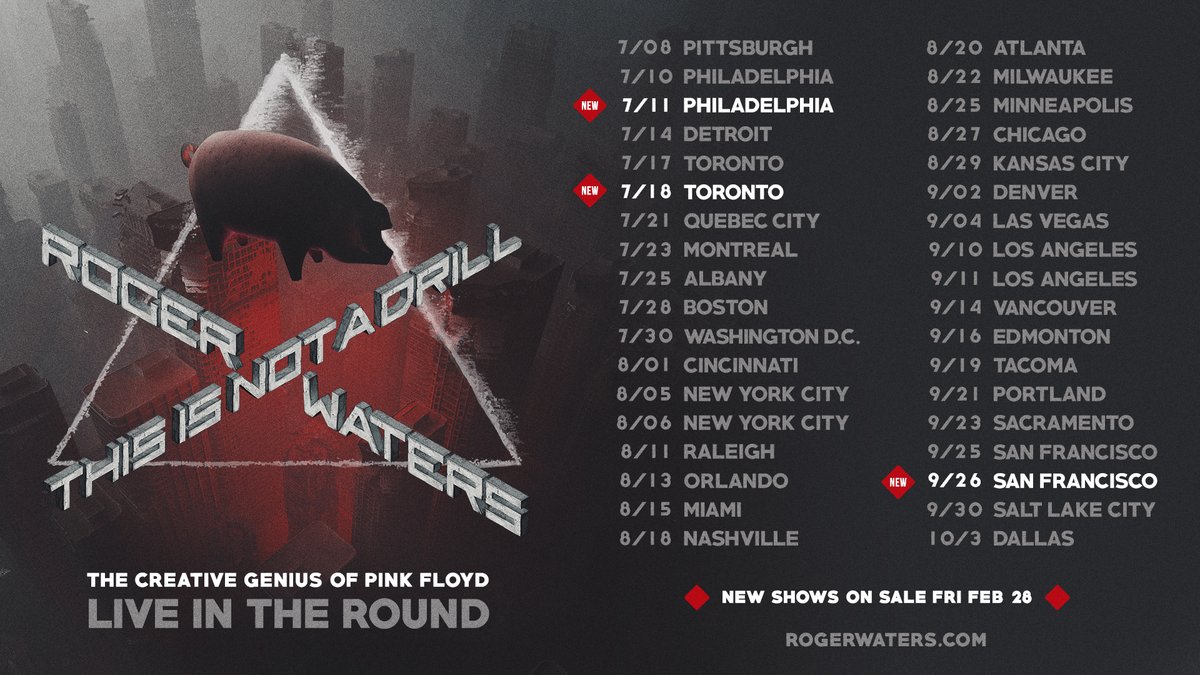rogerwaters's tweet photo. NEW THIS IS NOT A DRILL TOUR DATES!

Second nights in Philadelphia, Toronto and San Francisco.
On sale this Friday.  Tickets and details at https://t.co/CZeEiwwDCM https://t.co/iHnEh8FebI