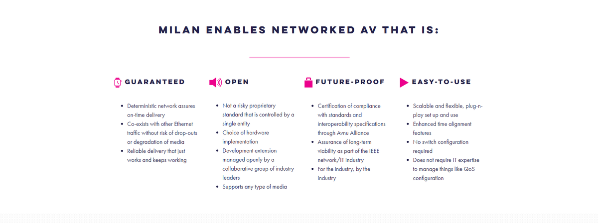 Avnu_Alliance's tweet photo. Milan enables #NetworkedAV that is guaranteed, open, future-proof, and easy-to-use. You can learn more on our newly-revamped Milan landing page. Check it out here: https://t.co/noDwHpD9oS #MakingMilanTogether #proAV #AVTweeps https://t.co/bU9SGtUJMV