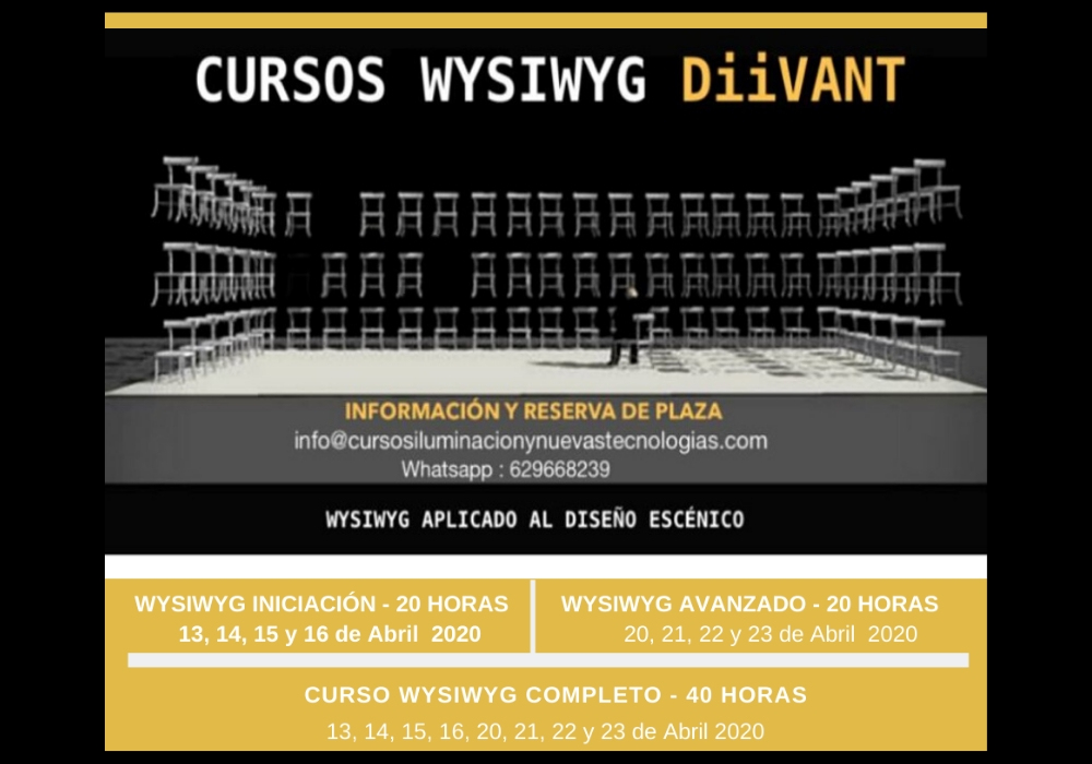 Próximos CURSOS WYSIWYG en Diivant Artes Escénicas

Iniciación - 20 horas: 13, 14, 15 y 16 de abril
Avanzado - 20 horas: 20, 21, 22 y 23 de Abri
Curso completo - 40 horas

PROMOCIÓN DESCUENTO CURSO COMPLETO!!!!!

Información y matrícula:
diivantsl@gmail.com
Whatsapp: 629668239