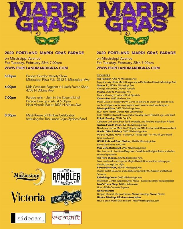 PDXMardiGras's tweet photo. Tomorrow on Mississippi Ave!! Happy Mardi Gras Portland! 
#pdxmardigras #mystikreweofnimbus #Portland #portlandpirates #portlandfamily #familyfriendly #goodforkids. #mkon https://t.co/dJwFHkUiON