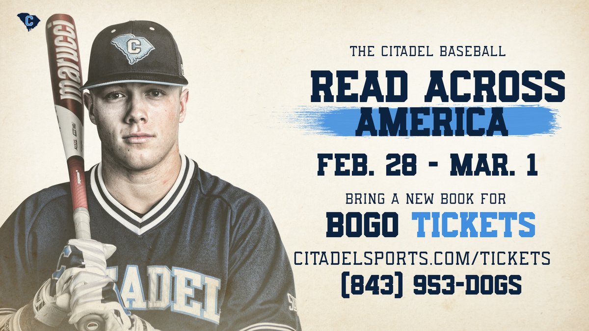 CitadelSports's tweet photo. It's Read Across America weekend at the @CitadelBaseball 3 game series!  

Bring a book (or three) 📚and get BOGO tickets.  

Just bring your book(s) to the Box Office at McAlister FH or The Joe on gameday. 

@ChasCoLibrary @Citadel1842 https://t.co/2hwbZPzIop