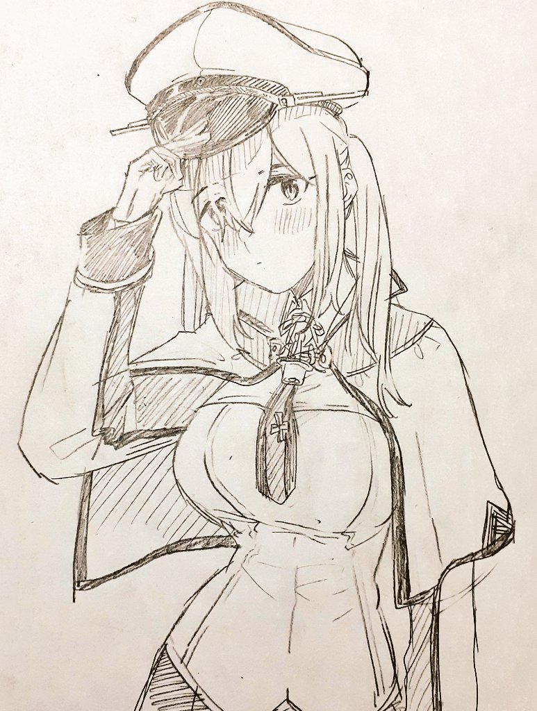 graf zeppelin (kancolle) 1girl solo hat twintails peaked cap capelet monochrome  illustration images