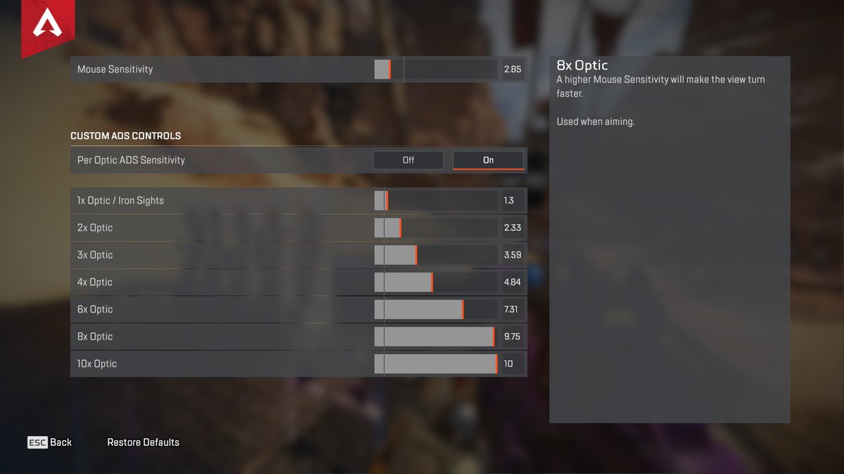 Hiramete0r Apex Legendsのadsセンシが腰撃ちと同じになるセンシを探しました Fov104でのみ正しく機能します 一番上のセンシ 2 85 は自分のセンシに変えてください R301などのar系はアイアンサイトだと合わないので注意が必要です 1xスコープが