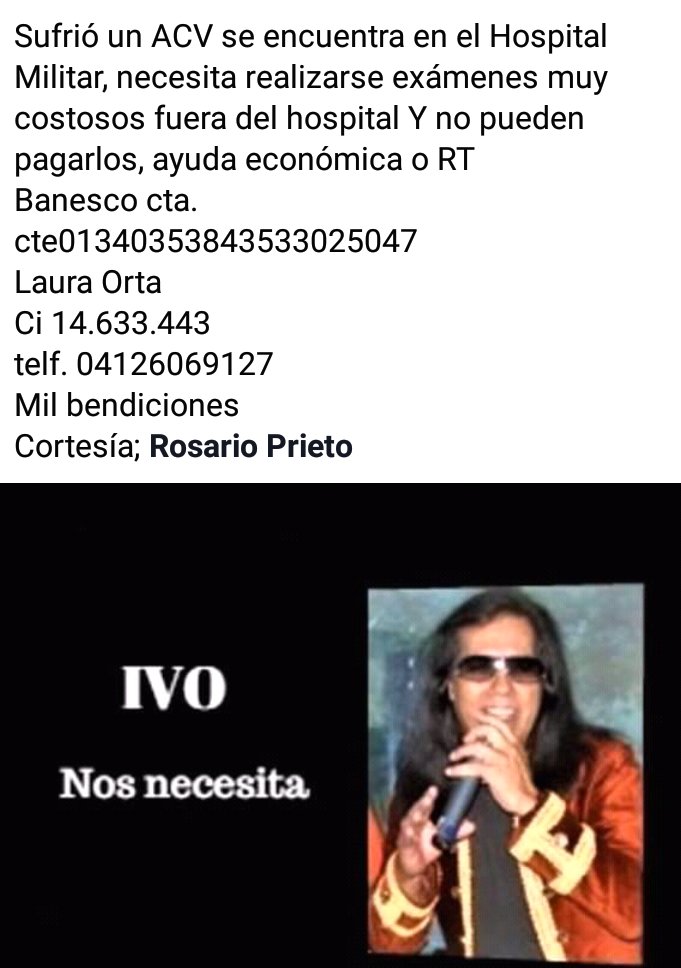 bollolo's tweet photo. Por la misma situación país en total desolación anarquía y quiebra. .cayo en efermedad ACV el amigo Ivo  Diaz  recordado por sus éxitos desde los 60 70 .. ayudemo de corazón si no en lo material que necesita para su tratamiento. .al menos con un RT masivo para que llegue a todos https://t.co/qqD1Vj6pc0