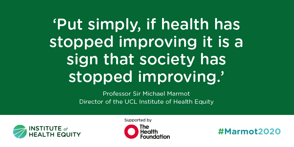 Confirmed by @TheMarmotReview: life expectancy stops improving, has actually fallen for poorest women, health inequalities widen and health deteriorates #Marmot2020 supported by @HealthFdn bit.ly/38RtOqX