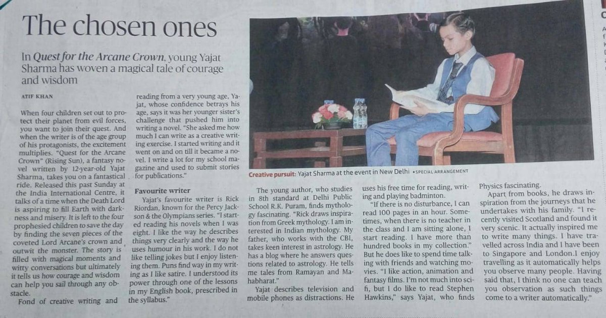 authoryajat's tweet photo. The HINDU @the_hindu covered the book launch program. It reports that in his book "Quest for the Arcane Crown", Young Yajat Sharma has woven a magical tale of courage and wisdom. https://t.co/80fJTIdAzT