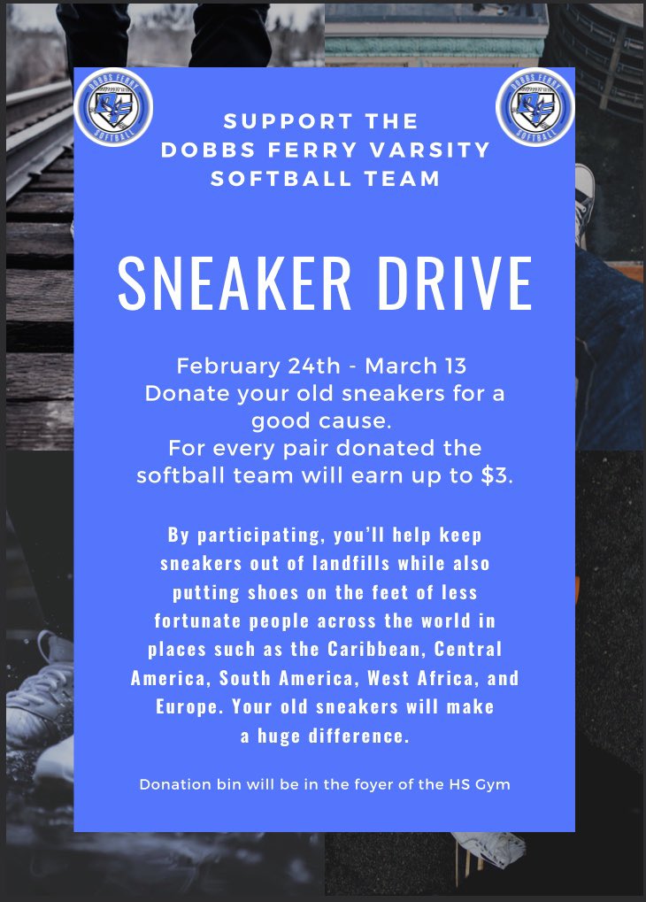 DobbsSoftball's tweet photo. Do you have any old sneakers you would like to recycle? The DF Softball team is running a fundraiser with #gotsneakers to help keep sneakers out of landfills while also putting shoes on the feet of less fortunate people across the world. Help support this great cause! https://t.co/Me0mfYIFgq
