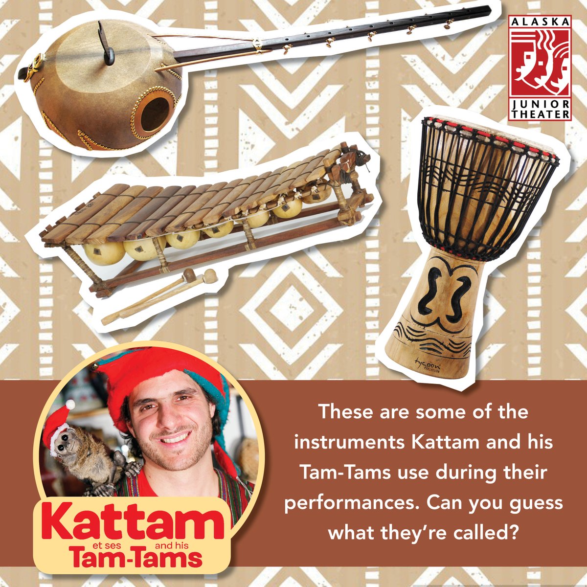 Can you guess the names of these instruments? They're some of the ones Kattam and his Tam-Tams use during their performances! (Answers are on our FB post.) Call 263-ARTS to buy your tix today or call 263-ARTS.

#alaskajuniortheater #alaska #anchorage #thingstodoinalaska #theatre